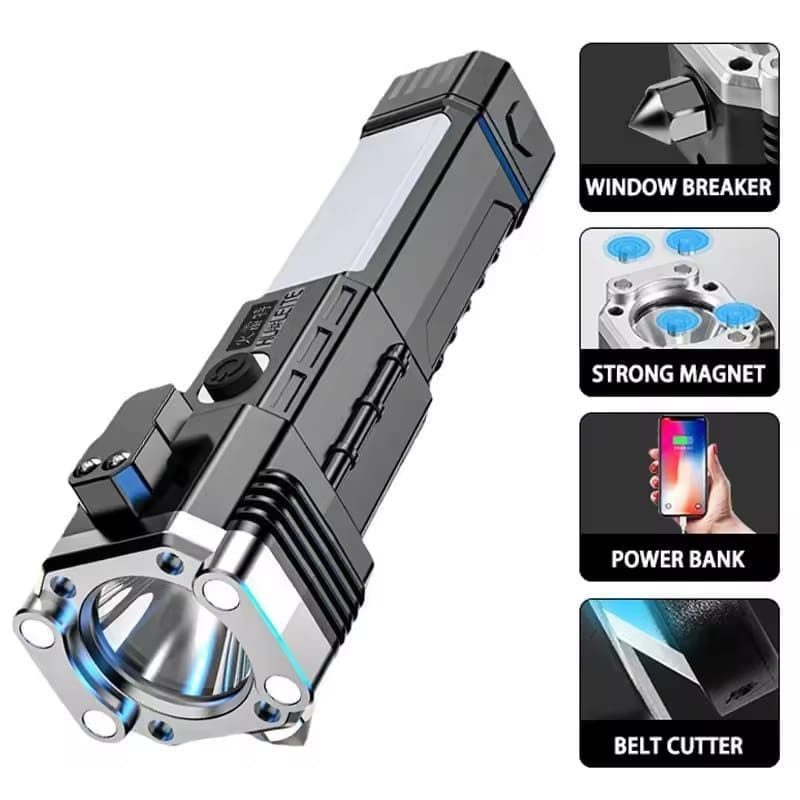 Rechargeable Multi-function Flashlight with Safety Hammer and Type-C Charging Port &nbsp;- 1 Pc