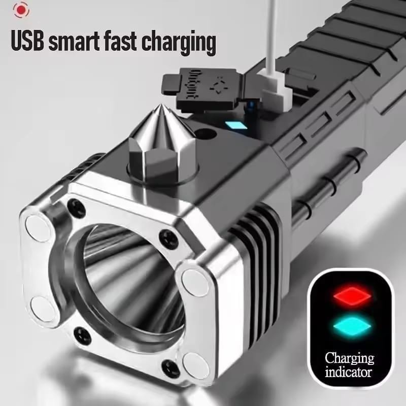 Rechargeable Multi-function Flashlight with Safety Hammer and Type-C Charging Port &nbsp;- 1 Pc